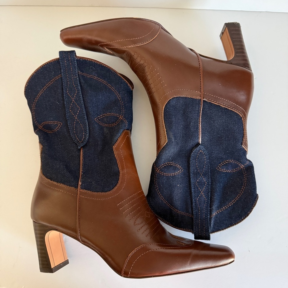 Steve Madden Josefine Western Ankle Boots Brown & Blue Denim Size 8M - Picture 3 of 12